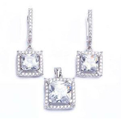 Sterling Silver Princess Cut Fine CZ  Earring And Pendant Jewelry SetAnd Pendant Length 75\'\' x .5\'\'And Stone Width 9x 9mm