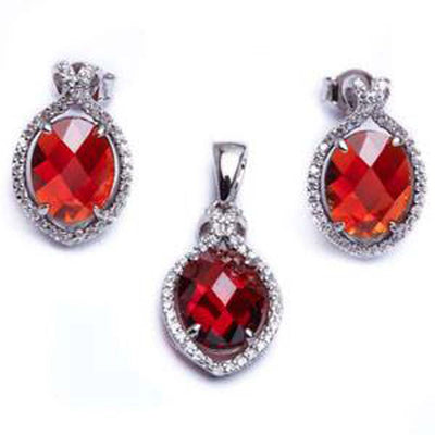 Sterling Silver Oval Ruby CZ Earring and Pendant Jewelry set