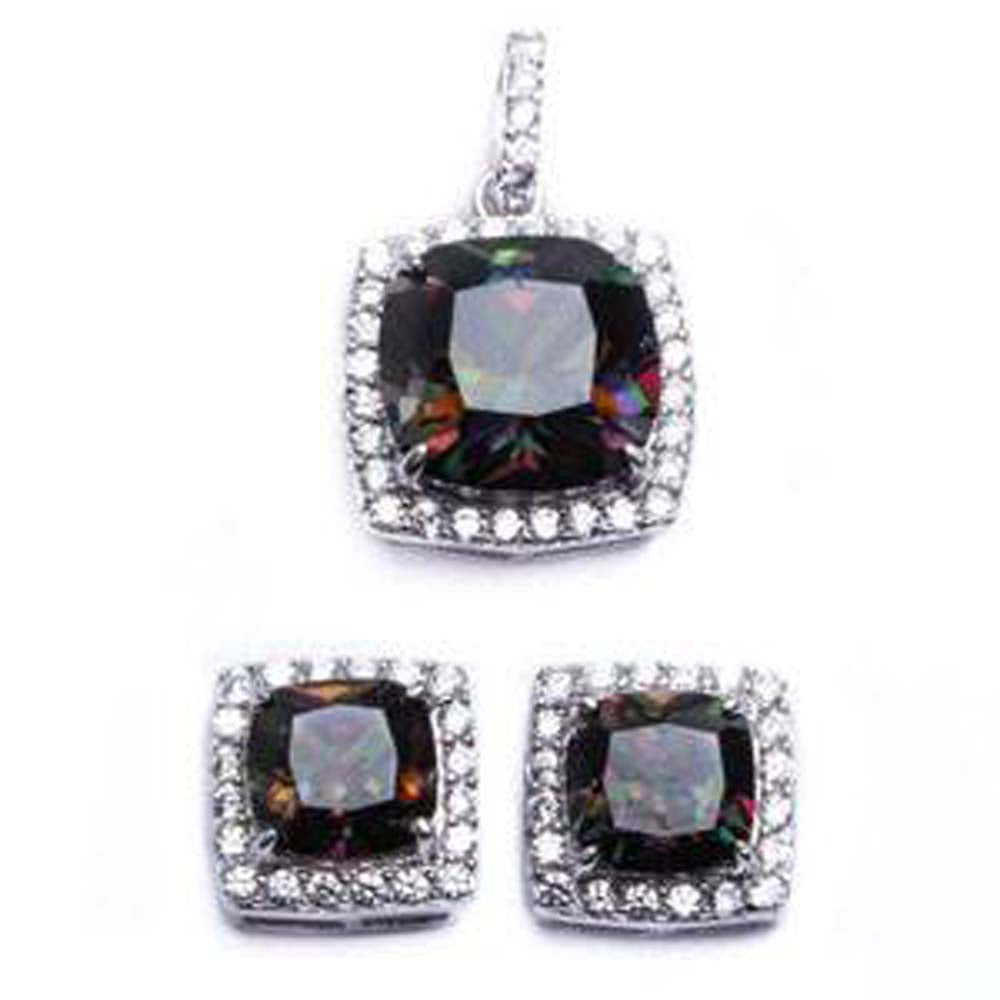 Sterling Silver Cushion Cut Rainbow Color CZ Earring And Pendant Jewelry Set