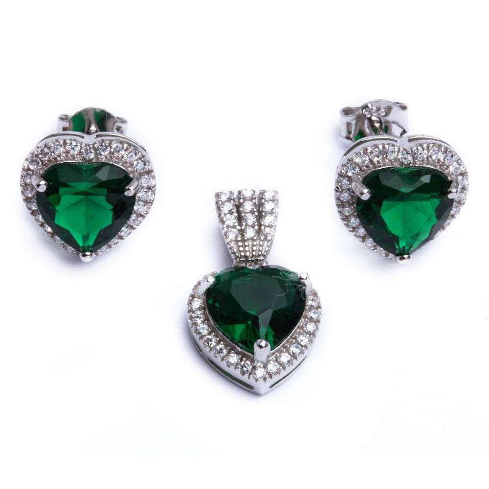 Sterling Silver 5.50ct Emerald & Cz Heart Pendant Jewelry SetAnd Length 11mm