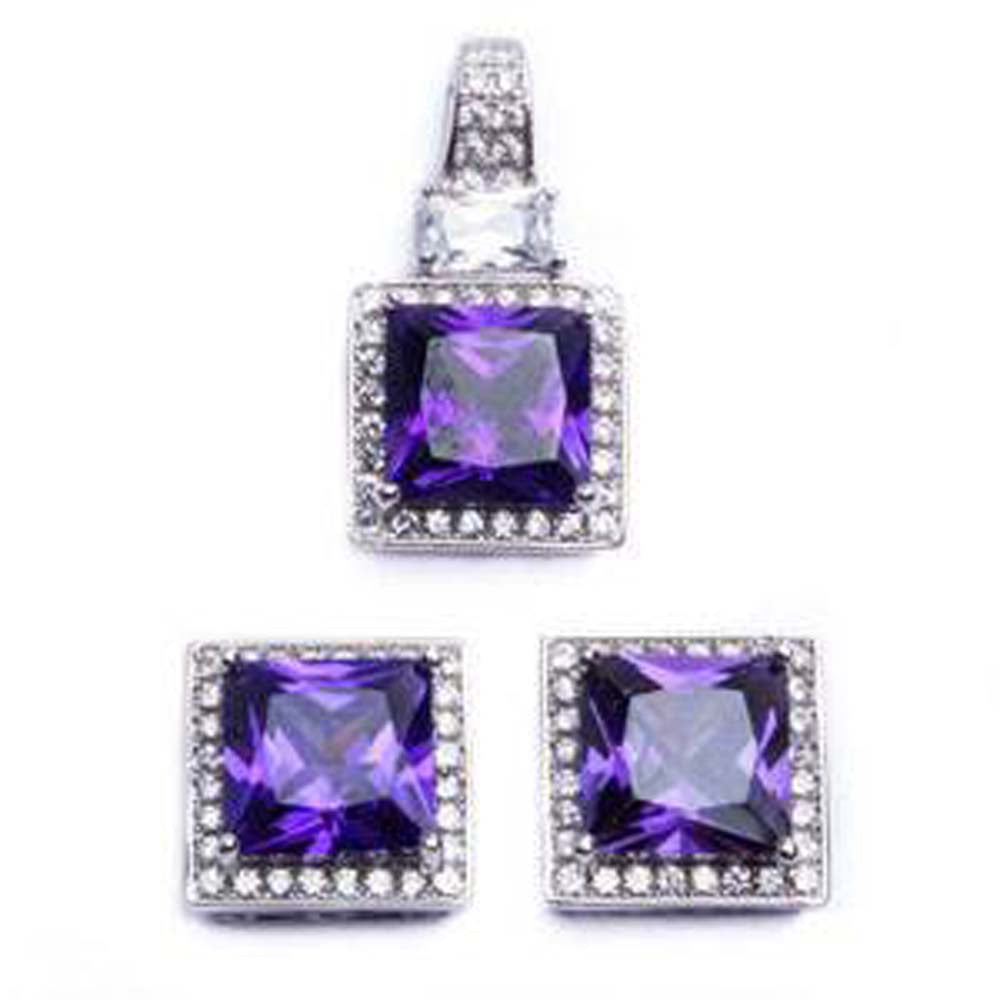 Sterling Silver 9ct Princess Cut Amethyst & Cz Earring and Pendant Jewelry setAndLength 0.75