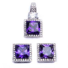 Load image into Gallery viewer, Sterling Silver 9ct Princess Cut Amethyst &amp; Cz Earring and Pendant Jewelry setAndLength 0.75