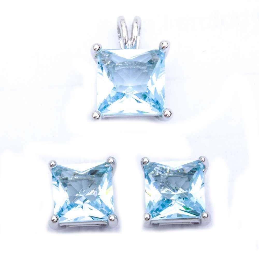 Sterling Silver Princess Cut Aquamarine Earring And Pendant Jewellery SetAndThickness 7x 7mm