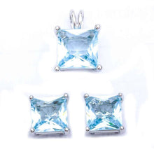 Load image into Gallery viewer, Sterling Silver Princess Cut Aquamarine Earring And Pendant Jewellery SetAndThickness 7x 7mm