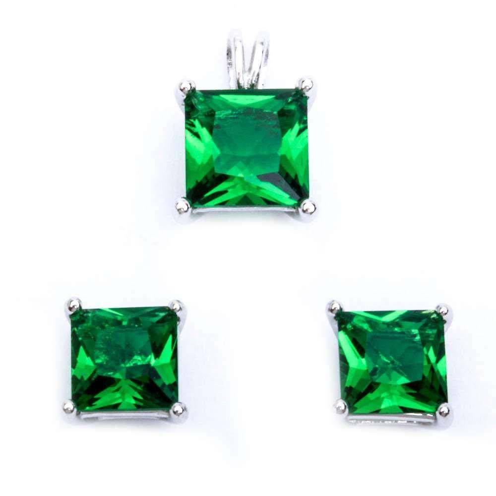 Sterling Silver Princess Cut Green Emerald Earring And Pendant Jewellery SetAnd Thickness 7x 7mm