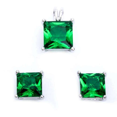 Sterling Silver Princess Cut Green Emerald Earring And Pendant Jewellery SetAnd Thickness 7x 7mm