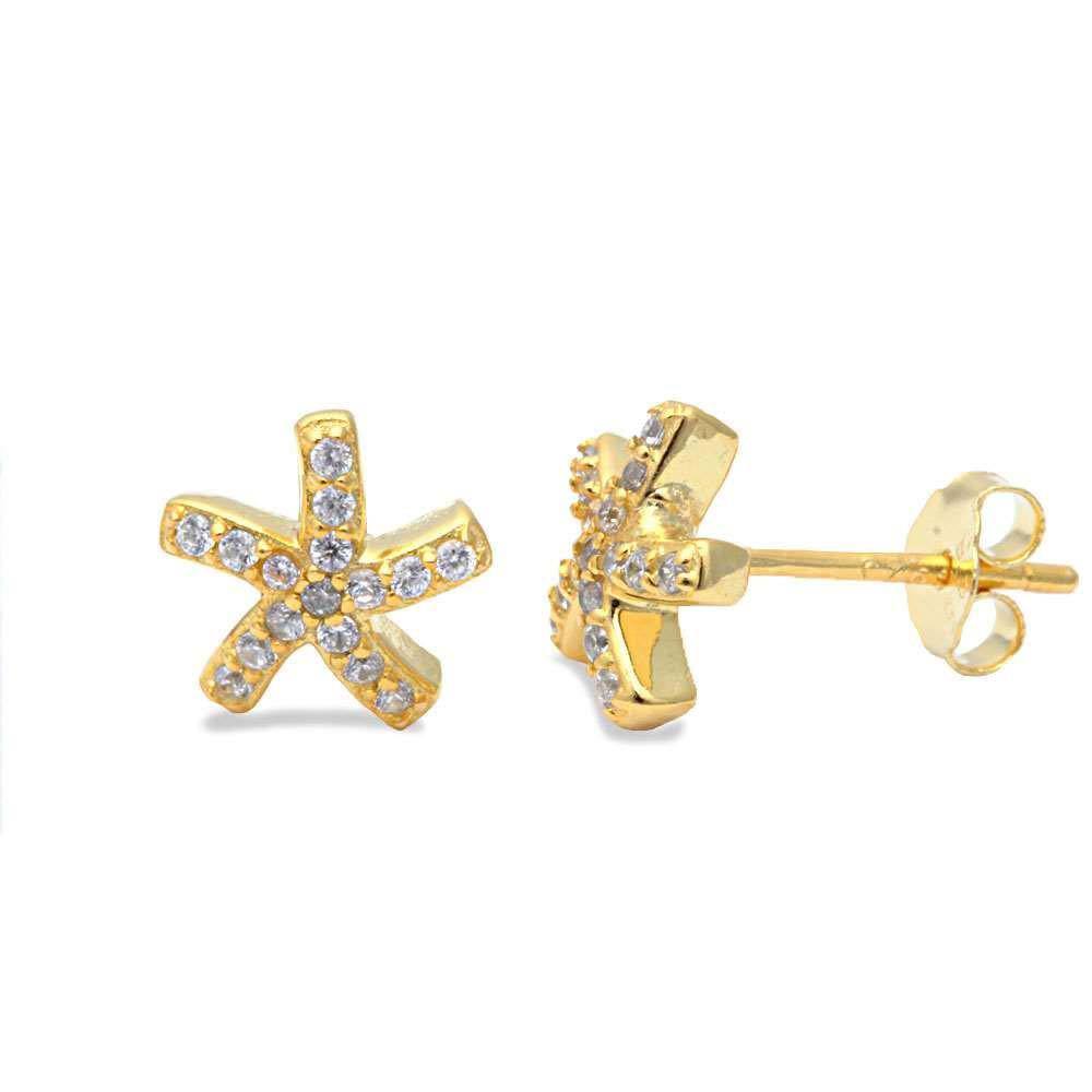 Sterling Silver Yellow Gold Plated Cz Starfish EarringAnd Thickness 8mm