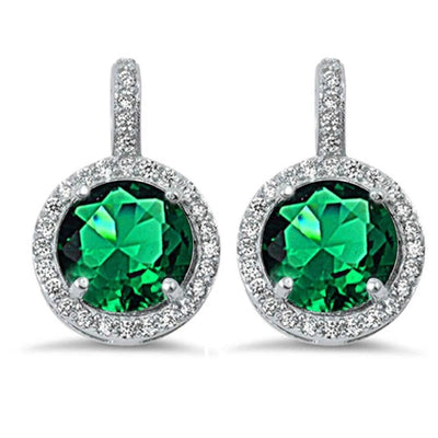 Sterling Silver Halo Green Emerald & Cubic Zirconia Earring