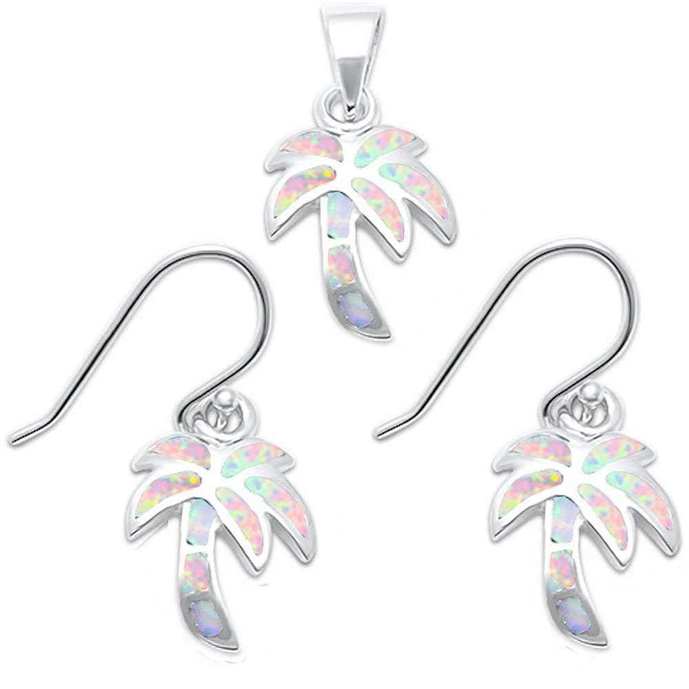 Sterling Silver Lab Created White Opal Palm Tree Earrings and Pendant Set