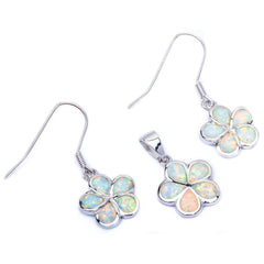 Sterling Silver White Fire Opal Plumeria Pendant and Earrings Set