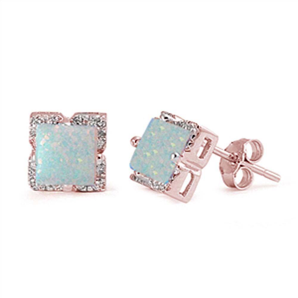 Sterling Silver Rose Gold Plated Square Cut White Opal EarringsAndLength 0.31 Inches