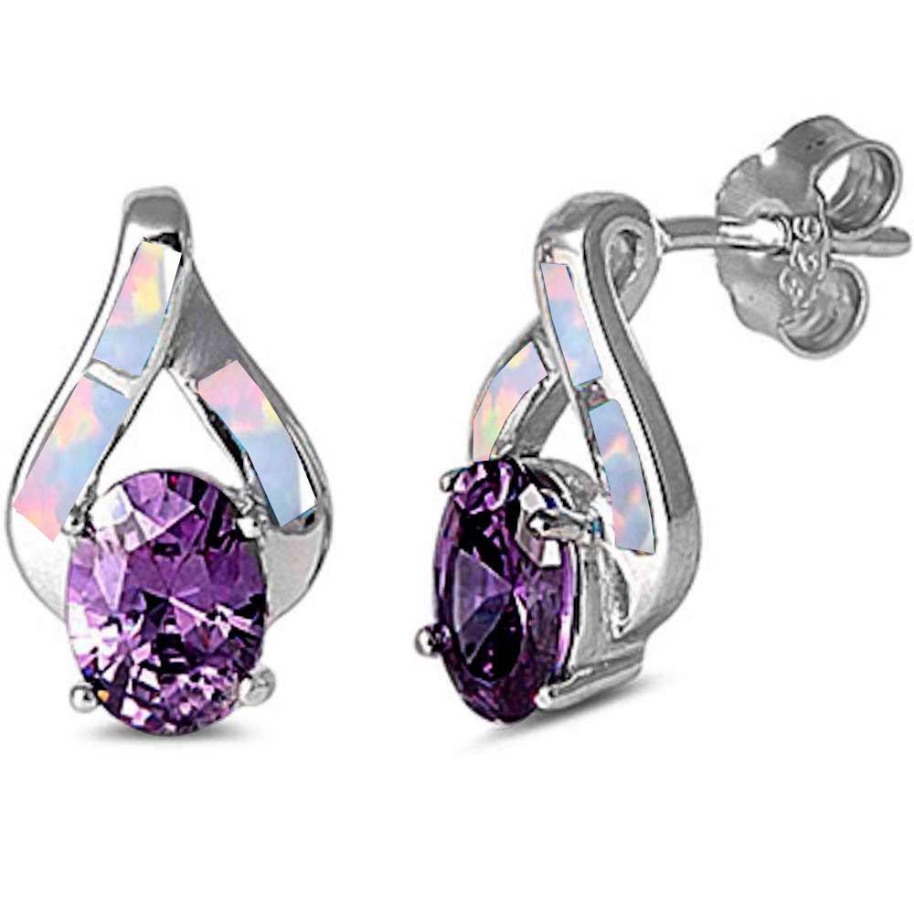 Sterling Silver Amethyst And Lab Created White Opal High Fashion .925 EarringsAnd Thickness 16mm