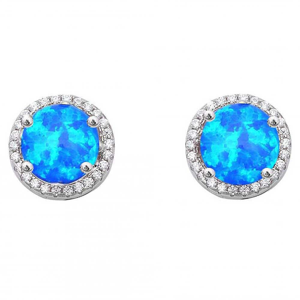 Sterling Silver Round White Opal and Cz Stud Earrings