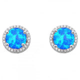 Sterling Silver Round White Opal and Cz Stud Earrings