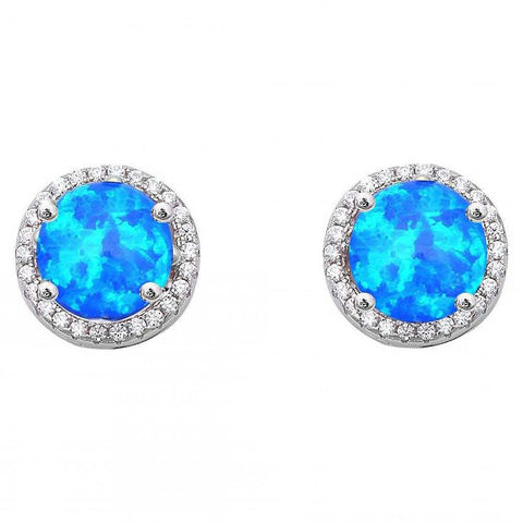 Sterling Silver Round White Opal and Cz Stud Earrings
