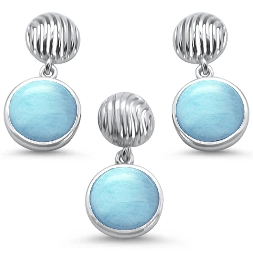 Sterling Silver Round Natural Larimar Pendant And Earring Set