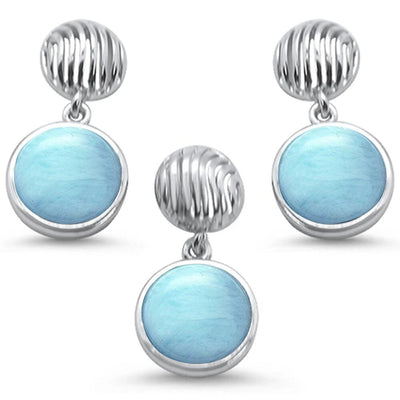 Sterling Silver Round Natural Larimar Pendant And Earring Set