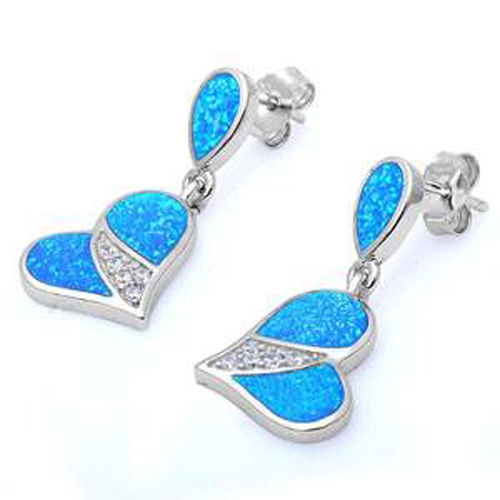 Sterling Silver Blue Fire Opal And Cz Heart Earrings