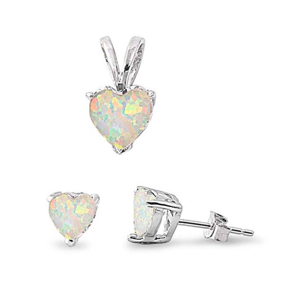 Sterling Silver White Fire Opal Heart Earrings And Pendant SetAnd Pendant Stone Width 7x7mmAnd Earrings Stone Thickness 6x6mm