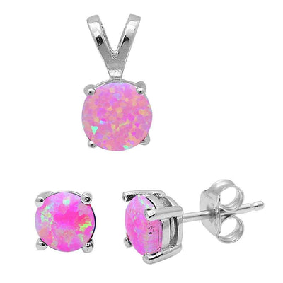 Sterling Silver Round Pink Fire Opal Pendant and Earrings Set, Pendant Width 8mm, Earrings Thickness 5mm