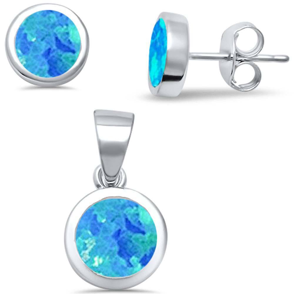 Sterling Silver Round Blue Fire Opal .925 Earring And Pendant Set