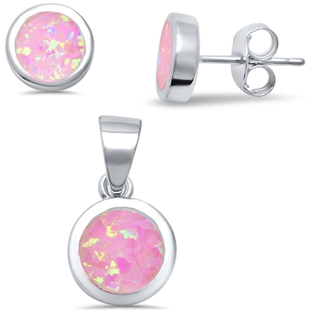 Sterling Silver Round Pink Fire Opal .925 Earring And Pendant Set