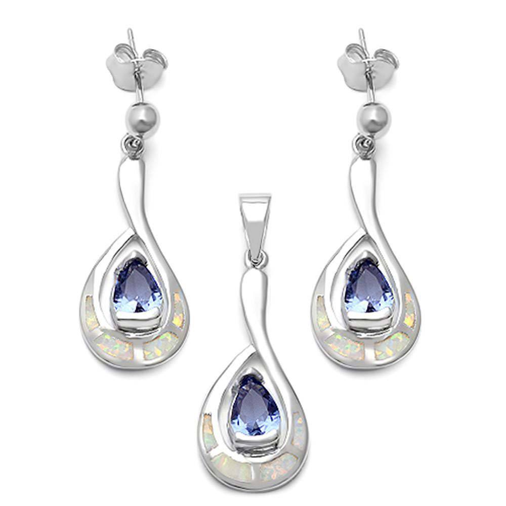 Sterling Silver Teardrop Tanzanite White Opal Pendant And Earrings Set With CZ StonesAnd Length 1 x .5 Inch