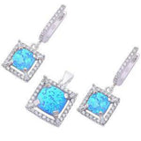 Sterling Silver Blue Opal Square Earrings And Pendant Jewelry SetAnd Stone Thickness 9x9mmAnd Pendant Width 19.5mm