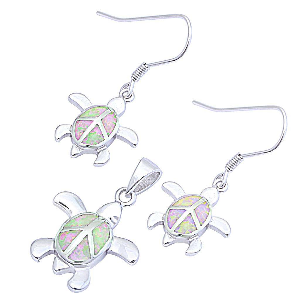Sterling Silver Pink Fire Opal Turtle Pendant And Earrings SetAnd Length 1x.75 Inch