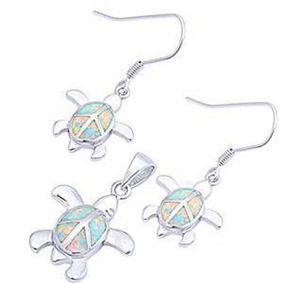 Sterling Silver White Fire Opal Turtle Pendant And Earrings SetAnd Length 1x.75 Inches