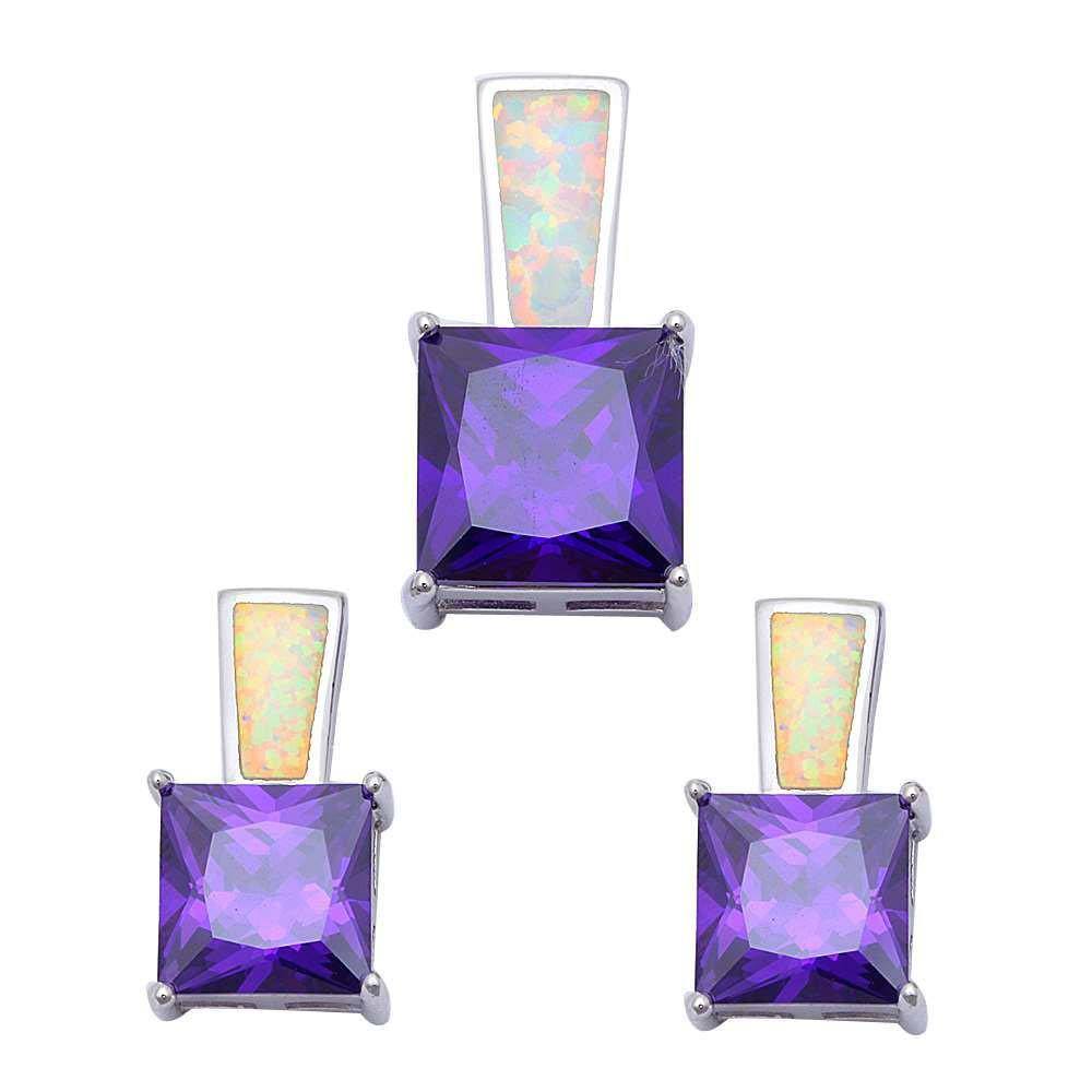 Sterling Silver Princess Cut Amethyst And White Fire Opal Pendant And Earrings SetAnd Pendant Width 21x11mmAnd Pendant Stone Width 10x10mmAnd Earrings Thickness 16x9mmAnd Earrings Stone Thickness 8x8mm