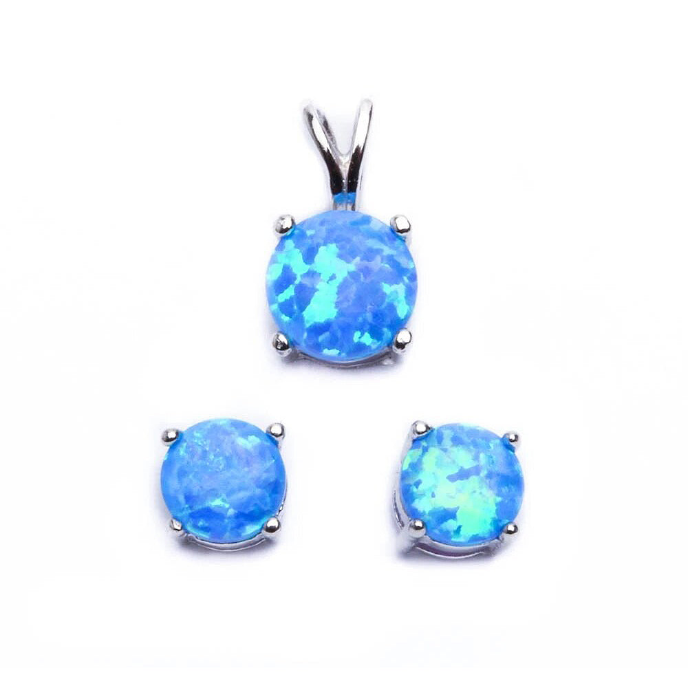 Sterling Silver Round Cut Blue Fire Opal Earring and Pendant Set