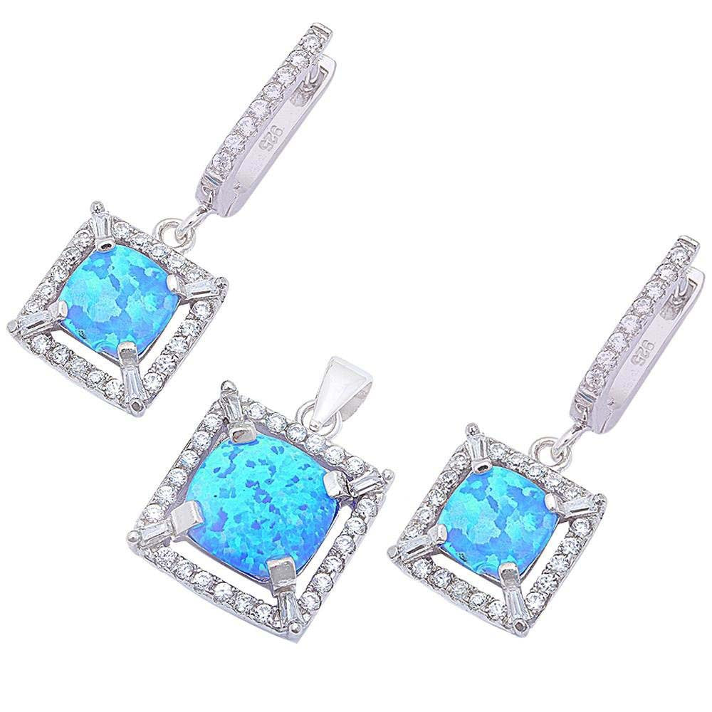 Sterling Silver Lab Created Blue Opal and CZ Earring and Pendant Jewelry Set