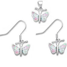 Load image into Gallery viewer, Sterling Silver Pink Fire Opal Butterfly Pendant and Earrings Set