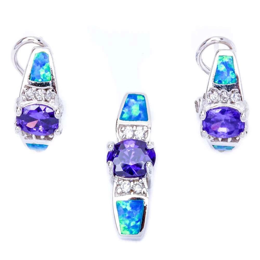 Sterling Silver Blue OpalAnd AmethystAnd and Cz Pendant and Earrings Set