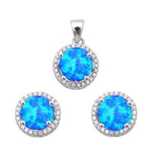 Load image into Gallery viewer, Sterling Silver Halo Blue Opal and Cubic Zirconia Earring and Pendant Set