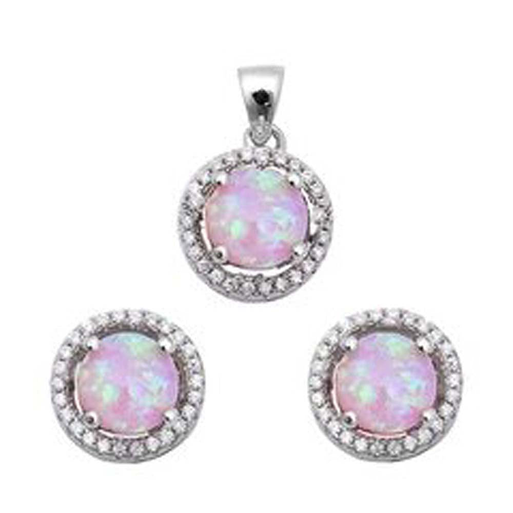 Sterling Silver Halo Pink Fire Opal and Cubic Zirconia Earring and Pendant Set