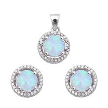 Load image into Gallery viewer, Sterling Silver Halo White Fire Opal and Cubic Zirconia  Earring and Pendant Set