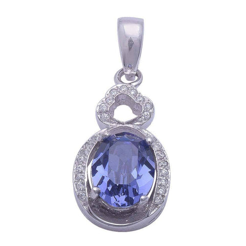 Sterling Silver Oval Shape Tanzanite & Cubic Zirconia Pendant