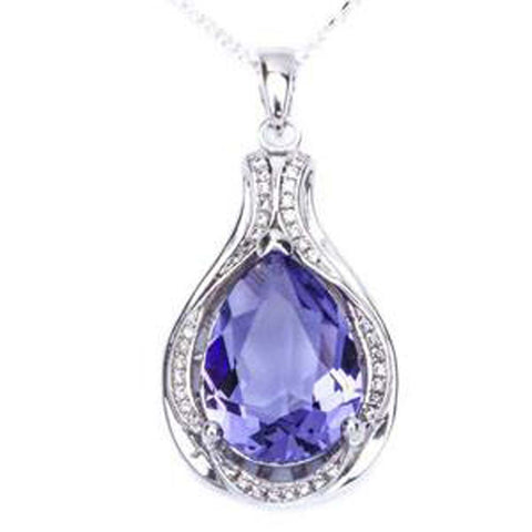 Sterling Silver High End Tanzanite & Cz Pendant Necklance w/ 18  Rolo Chain 1.25  long