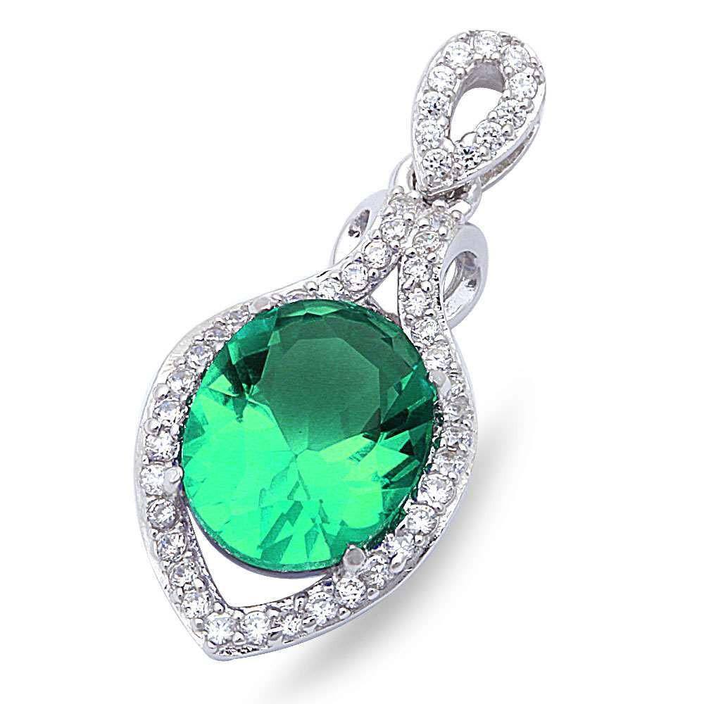 Sterling Silver Elegant Green Emerald & Cubic Zirconia Pendant 1  long