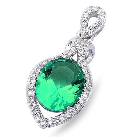 Sterling Silver Elegant Green Emerald & Cubic Zirconia Pendant 1  long