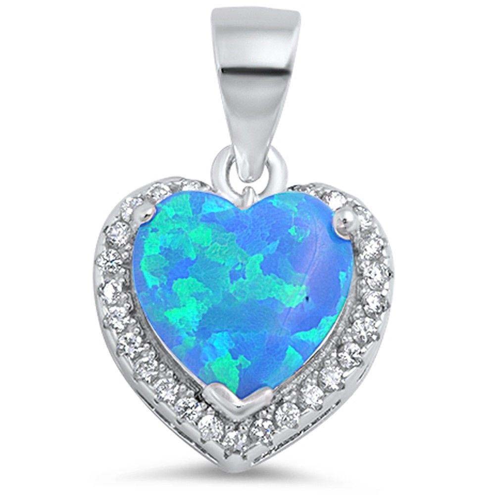 Sterling Silver Blue Fire Opal Heart with CZ  Pendant Necklace with CZ Stones