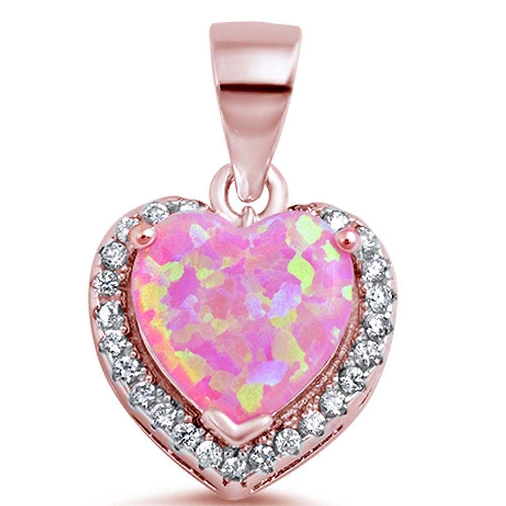 Sterling Silver Rose Gold Plated Pink Fire Opal Heart with CZ Silver Pendant with CZ Stones