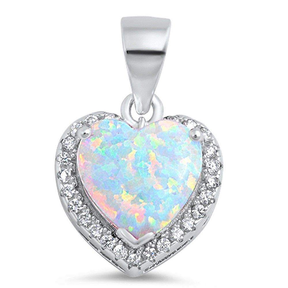 Sterling Silver White Fire Opal Heart with CZ  Pendant Necklace with CZ Stones