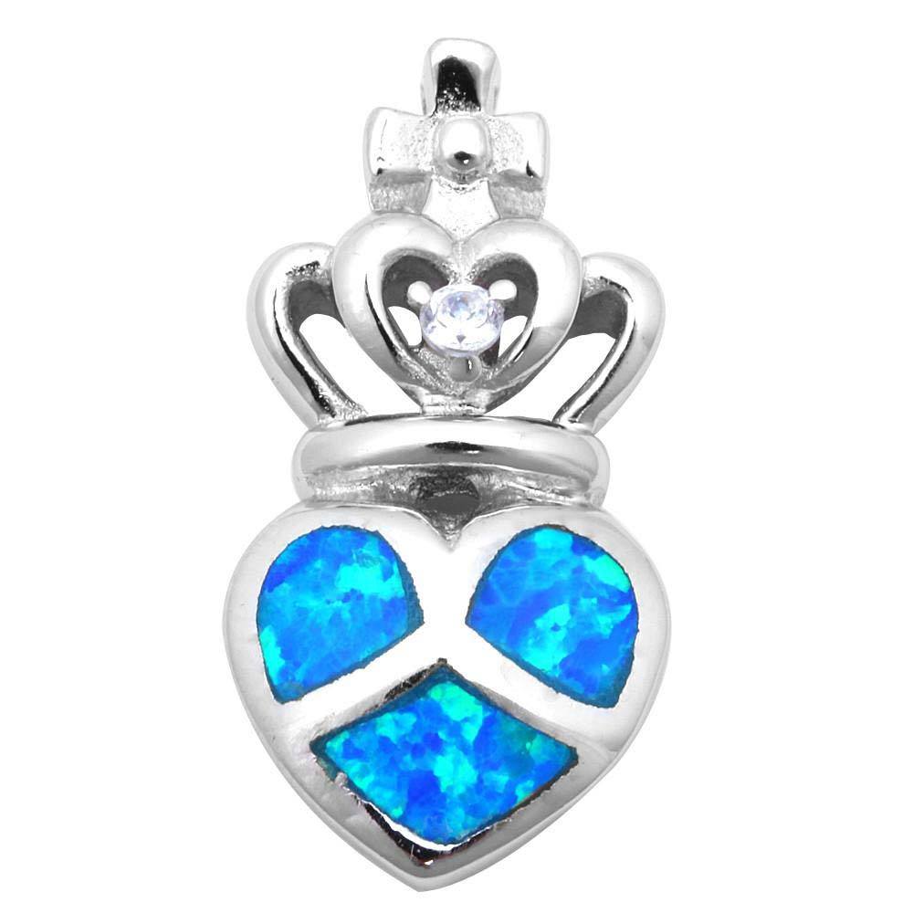 Sterling Silver Blue Opal Heart Crown Pendant With CZ Stones