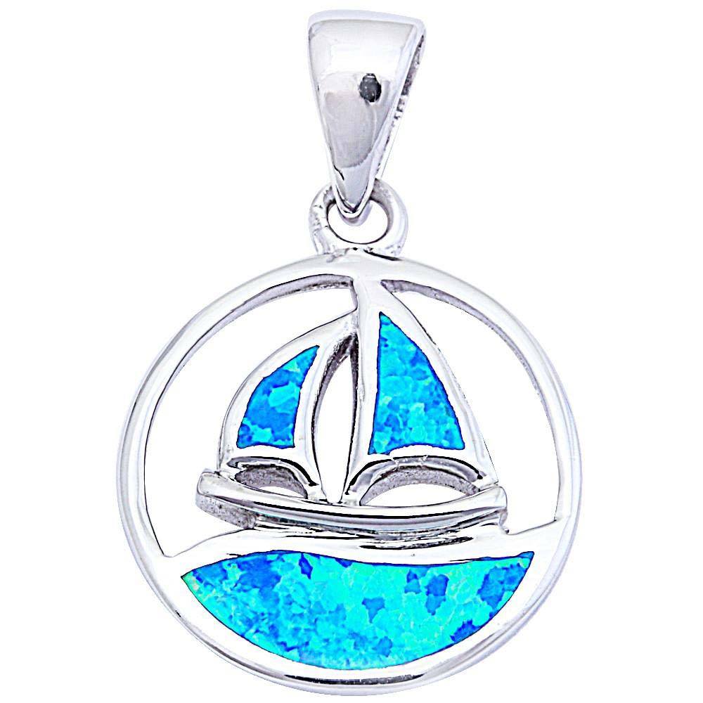Sterling Silver Blue Opal Sailing Boat Emblem PendantAnd Length 1inch