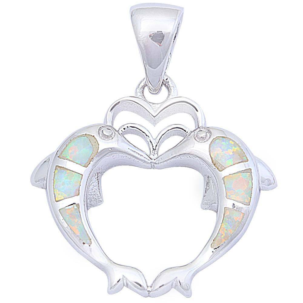 Sterling Silver White Opal lined Dolphins in the shape of a heart PendantAnd Length 1inch