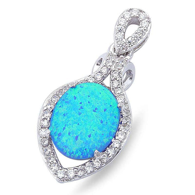 Sterling Silver Blue Opal And Cubic Zirconia Drop Pendant With CZ StonesAnd Length 1inch