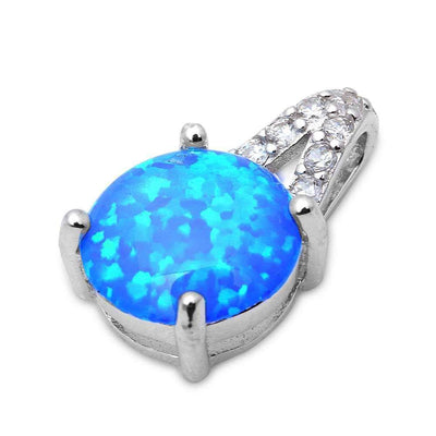 Sterling Silver Australian Round Blue Fire Opal and Cubic Zirconia Pendant, Width 16x10mm
